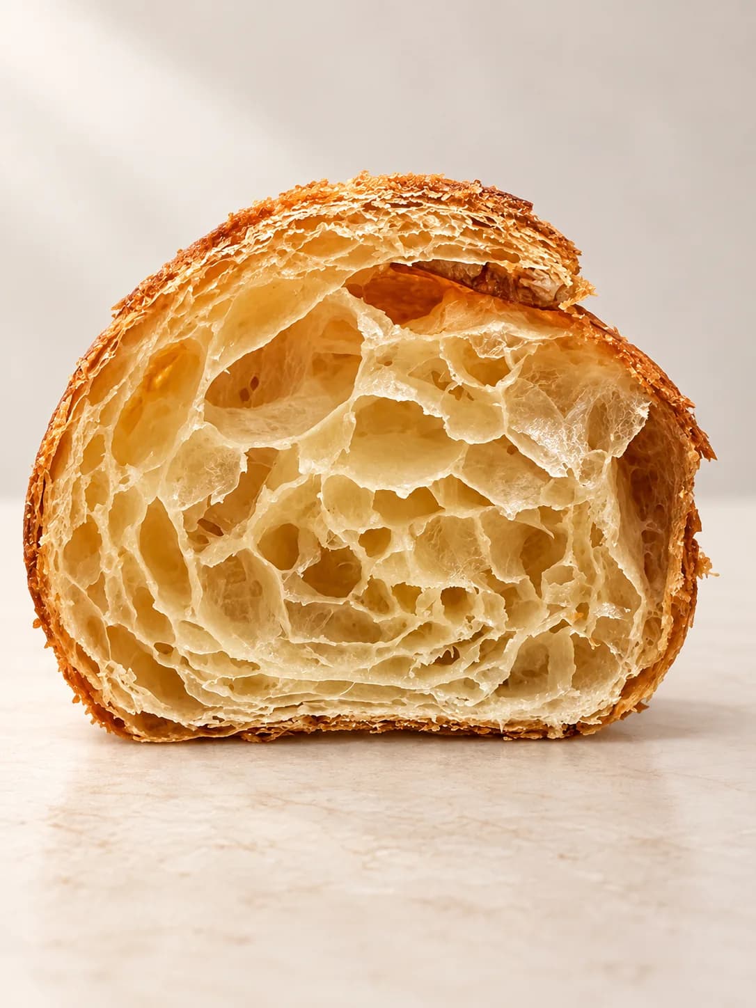 Sezione di un croissant che mostra la regolarità della sfoglia e l'alveolatura